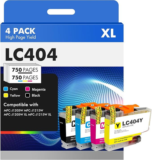 LC404XL LC404 Ink Cartridges for Brother Printer 404XL LC 404 XL for MFC-J1205W MFC-J1215W MFC J1205W J1215W - 4 Pack High Yields Black Cyan Magenta Yellow