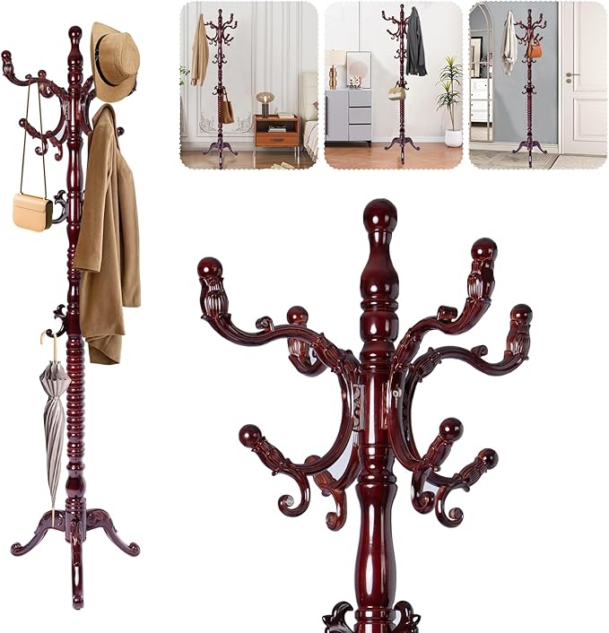 Solid Wood Coat Rack – 73" Freestanding Coat Racks Stand with 14 Hooks & Stable Base, Adjustable Height Modern Wooden Hall Tree for Entryway, Bedroom, Office, Home (Mahogany Triangle)