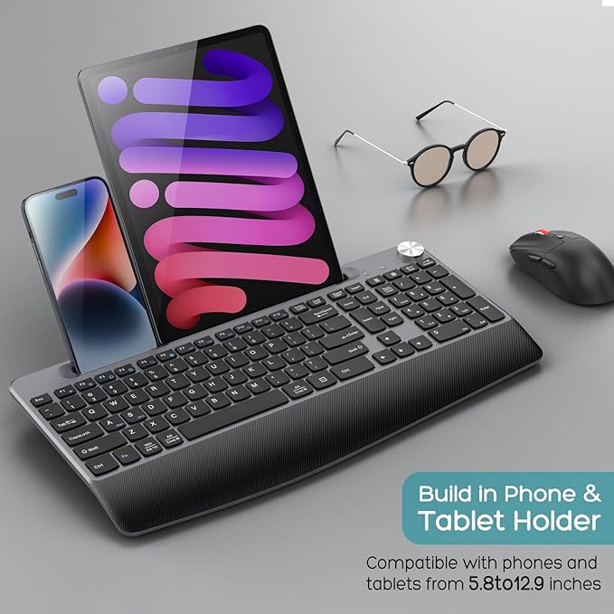 Ergonomic Wireless Keyboard and Mouse with Wrist Rest，Phone Holder - 2.4GHz Full-Sized Low-Profile Quiet Wireless Mouse and Keyboard Combo for Computer, Laptop, PC, Mac-Grey