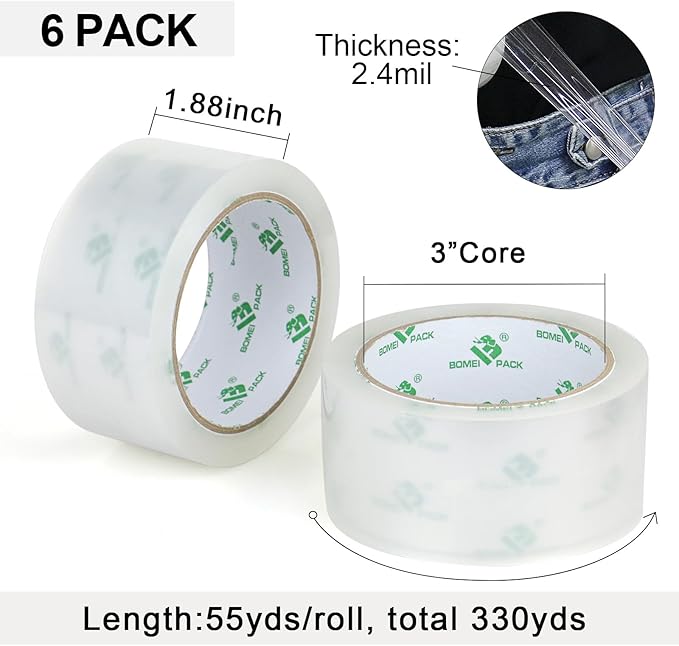 BOMEI PACK No Noise Quiet Clear Packing Tape, Heavy Duty Packaging Tape, Refill Rolls for Sealing Packing and Shipping, 2.4Mil 1.88Inch 55Yards 6rolls, with Free Dispenser
