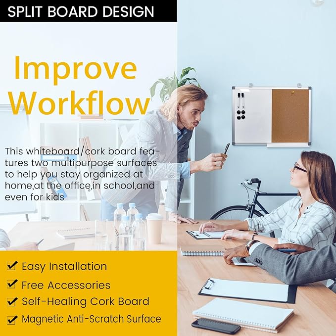 Combination Writeboard 24"x 18" Magnetic Whiteboard & Cork Board Aluminium Frame Dry Erase Board Bulletin Board Wall Mounted Memo Message