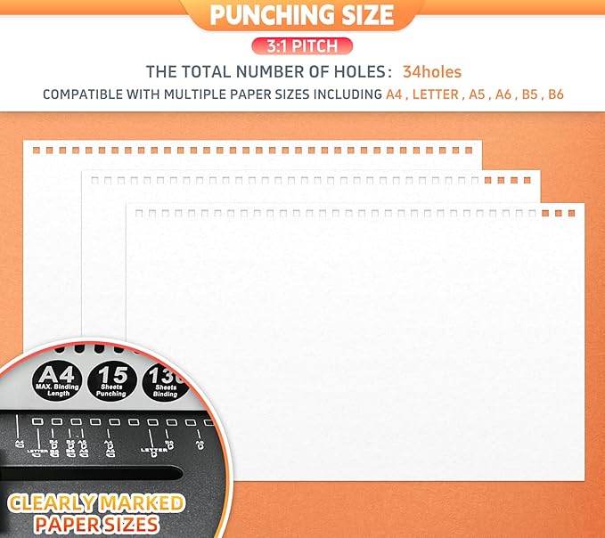 Rayson TD-1500B34 Binding Machine, Square Size Holes, 3:1 Pitch Wire-O Binder Punch 15 Sheets/Bind 130 Sheets with Sturdy Metal Construction