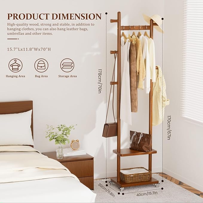 Coat Rack Freestanding Clothing Rack with Wheels & 2 Shelves Storage & 5 Hooks Heavy Duty Clothes Rack Wood Coat Tree Stand Hat Hanger Rack for Corner Bedroom Entryway Living Room Hotel