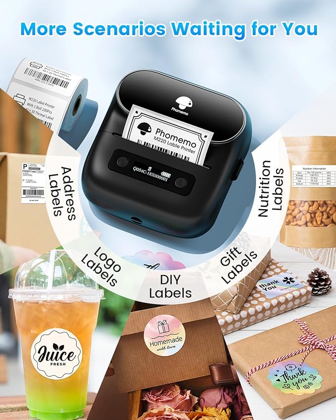Phomemo Label Maker, M220 Thermal Label Printer, 80mm Portable Bluetooth Barcode Printer Compatible with Andriod/iOS for Home, Office, Small Business, with 3 Packs Label & Case