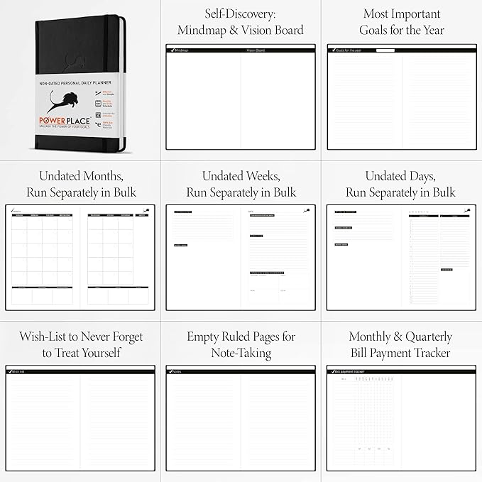 Daily Planner, Calendar & Life Organizer to Improve Time-Management, Productivity & Happiness | Vegan Leather Hardcover Notebook with Blank Dates, Undated 6 Months Hourly Planner for Men & Women, 24 Hour Agenda (Black)