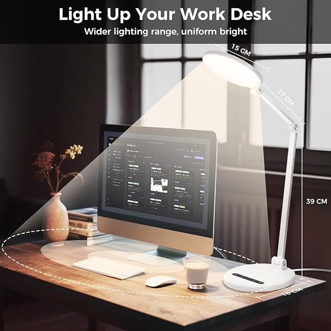 LED Desk Lamp for Home Office, Eye-Caring Desk Light for Video Call, Dimmable 3 Color Temperature 10 Brightness Computer Light, Led Desk Light, Memory & Timer Func, Adjustable Flexible Swing Arm