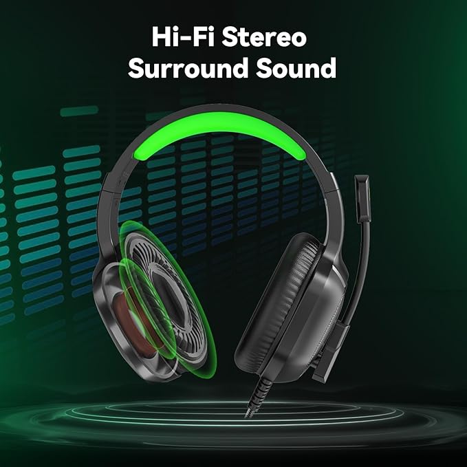Gaming Headset with Microphone for Pc, Xbox One Series X/s, Ps4, Ps5, Switch, Stereo Wired Noise Cancelling Over-Ear Headphones with Mic, RGB, for Computer, Laptop, Mac, Nintendo, Gamer (Green)