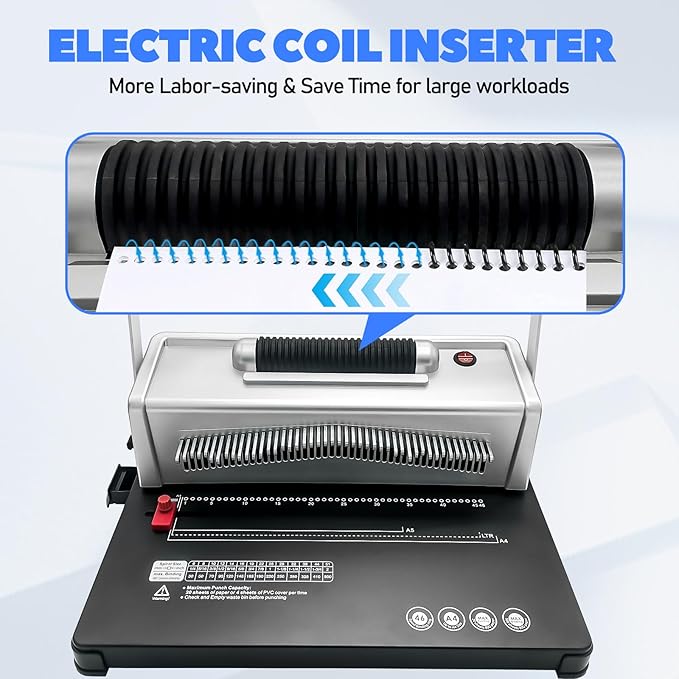 Coil Spiral Binding Machine,46 Holes Spiral Coil Binder with Electric Coil inserter,Manual Book Maker Punch Binder with 100pcs Plastic Coil and Plier