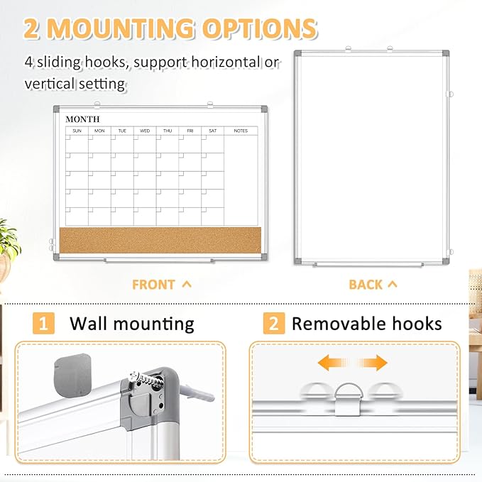Large Dry Erase Calendar for Wall, 36"x24" Double-Sided Magnetic Whiteboard Calendar with Cork Board, Aluminum Frame Monthly White Board Memo Message Board for Office, Home, School, Kitchen
