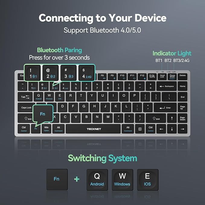 TECKNET Bluetooth Keyboard Rechargeable, 4-Device (2.4G+3BT) Wireless Keyboard, Ultra-Slim Quiet Typing, 14 Hotkeys Computer Keyboard for PC/Laptop/Smart TV/Tablet