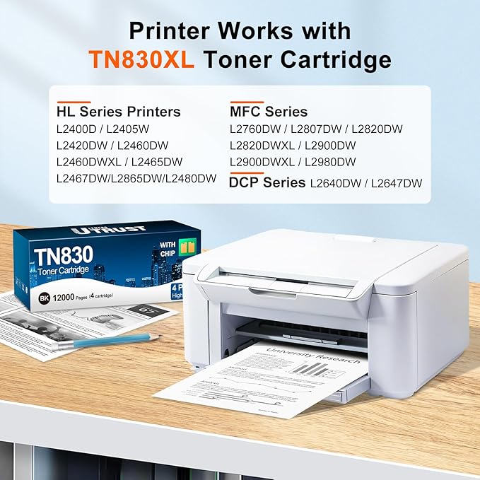 TN830XL Toner Cartridge Replacement for Brother TN830XL TN830 TN 830 Black Toner Compatible with Brother DCP-L2640DW HL-L2460DW HL-L2480DW HL-L2400D HL-L2405W MFC-L2820DW Printer 4 Pack(High Yield)