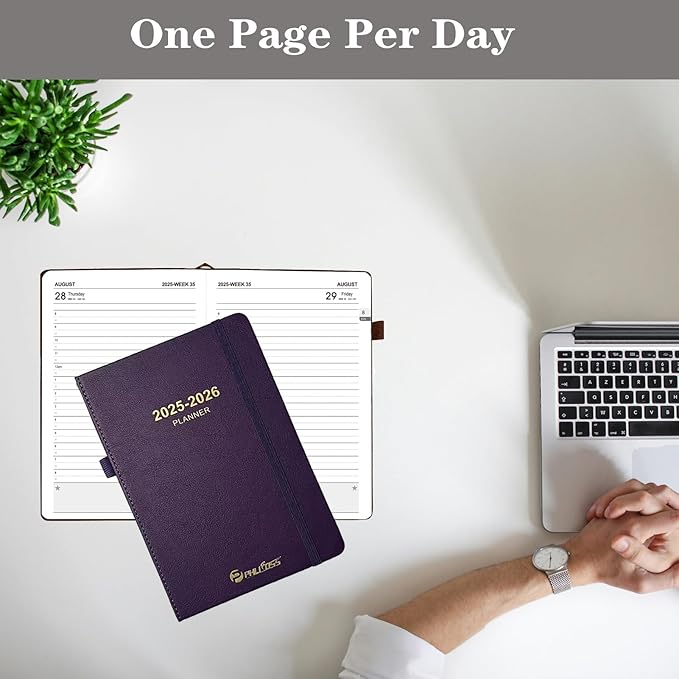 Daily Planner 2025-2026, One Page Per Day, Academic Calendar (July 2025 - June 2026), Appointment Book with Time Slots and Monthly Tabs, 5.7" x 8.25", Pocket, Leather Cove (Black)