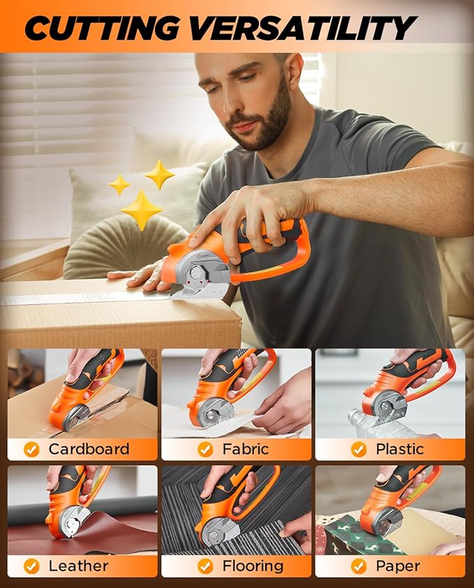 Saker Electric Box Cardboard Cutter,Cordless Elwetric Scissors for Fabric Leather Paper Plastic - Card Board Cutter Tool with 4V Recharged Battery - Safety Lock and LED Light for Cutting,Orange
