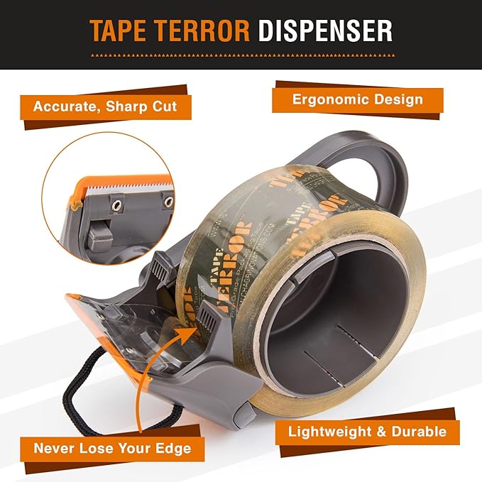 Packing Tape Dispenser - Heavy Duty Shipping Tape Dispenser for Boxes, Refillable, Fits Standard Bulk Tapes Up to 2" Wide - Razor-Sharp Cutting Packaging Tape Dispenser (1-Count)
