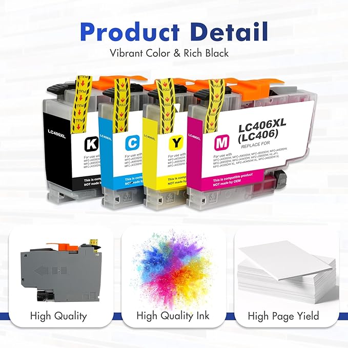 LC406 LC406XL Ink Cartridges for Brother Printer 406XL LC 406 XL for MFC-J4335DW MFC-J5855DW MFC-J6555DW MFC-J4535DW MFC-J6955DW MFC-J4345DW MFC-J5955DW - 4 Pack High Yields Black Cyan Magenta Yellow