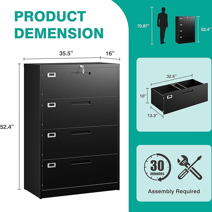 SISESOL 4 Drawer Lateral File Cabinet with Lock,Black Lateral Filing Cabinet,Horizontal Metal Filing Cabinets,Locked Wide Four Drawer File Cabinets for Office Home,Fit A4/F4/Letter/Legal File