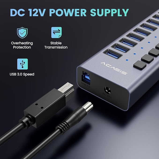 90W Powered USB Hub - ACASIS 16 Ports USB 3.0 Data Port, Aluminum Housing, Individual On/Off Switches, 12V/7.5A Power Adapter, USB Splitter for Laptop, PC, Computer, Printer