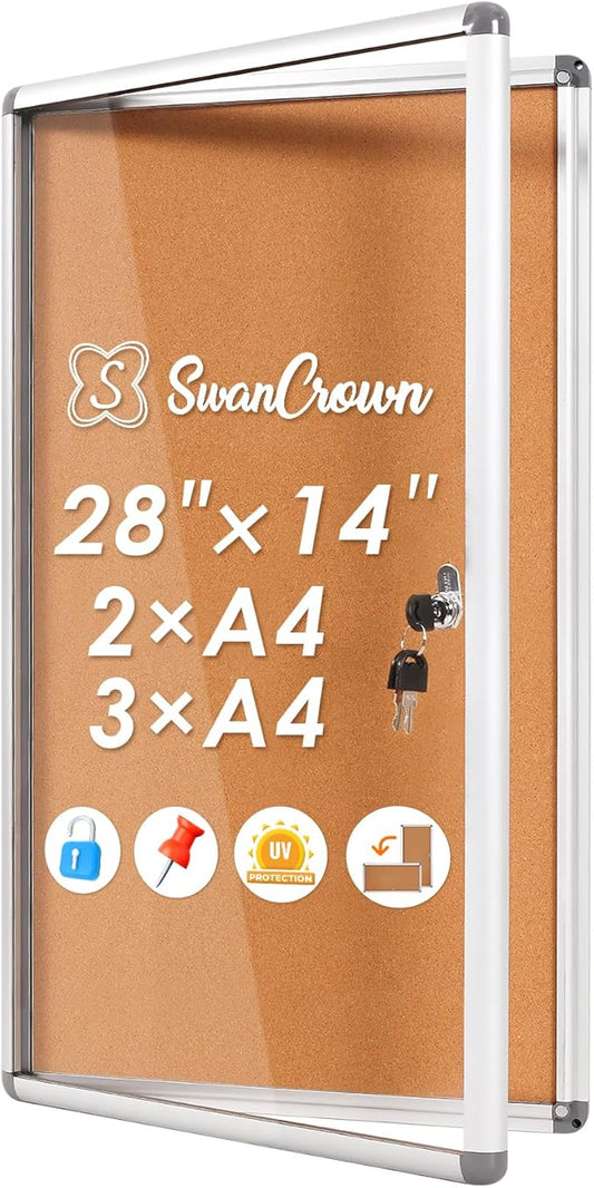 SWANCROWN Lockable Noticeboard Wall-Mounted Bulletin Pin Cork Boards Message Board with Aluminium Frame 28x14 inch