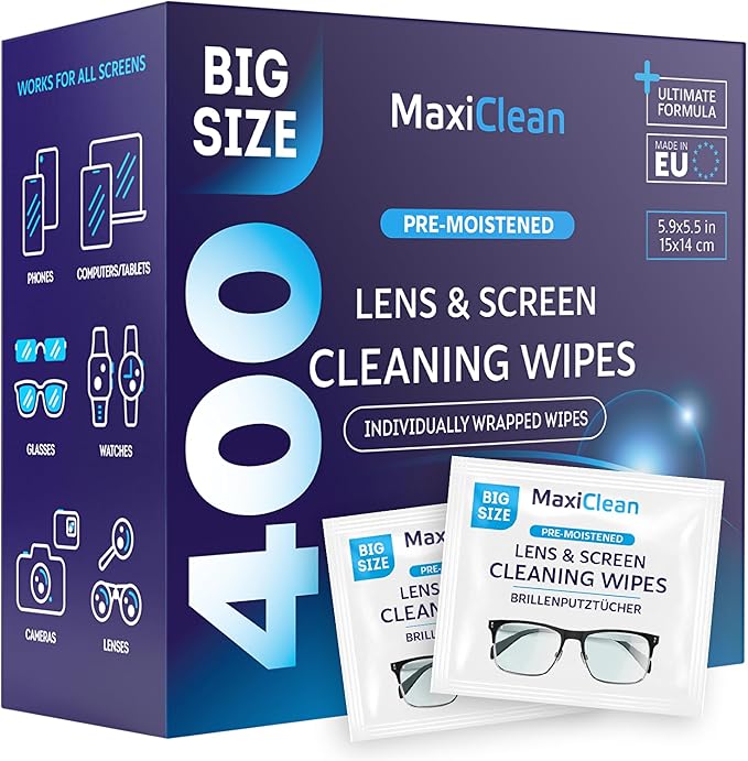 Glasses Wipes Lens Cleaner - Lens Wipes for Eyeglasses - 400 Pre-moistened Individually Wrapped Wipes for Eye Glasses, Electronics, Phone, Computer, Laptop Screen - Camera Lens Cleaner - Made in EU