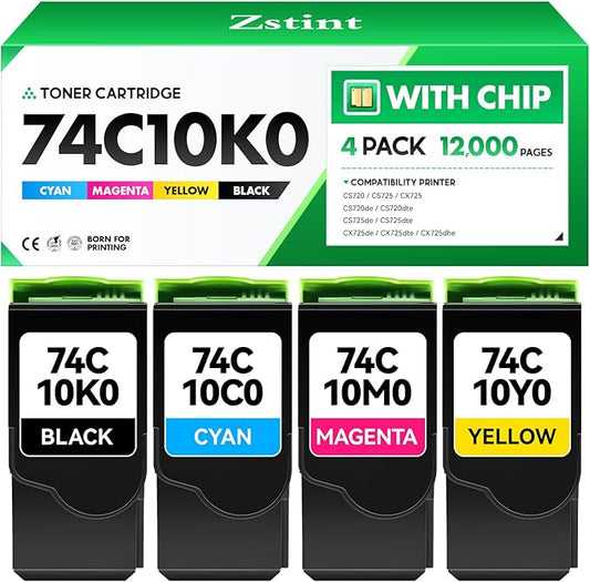 74C10K0 74C10C0 74C10M0 74C10Y0 Toner Cartridge Set 4-Pack High Yield With Chip Replacement Compatible for Lexmark CS720 CS725 CX725 CS720de CS720dte CS725de CS725dte CX725de CX725dte CX725dhe Printer