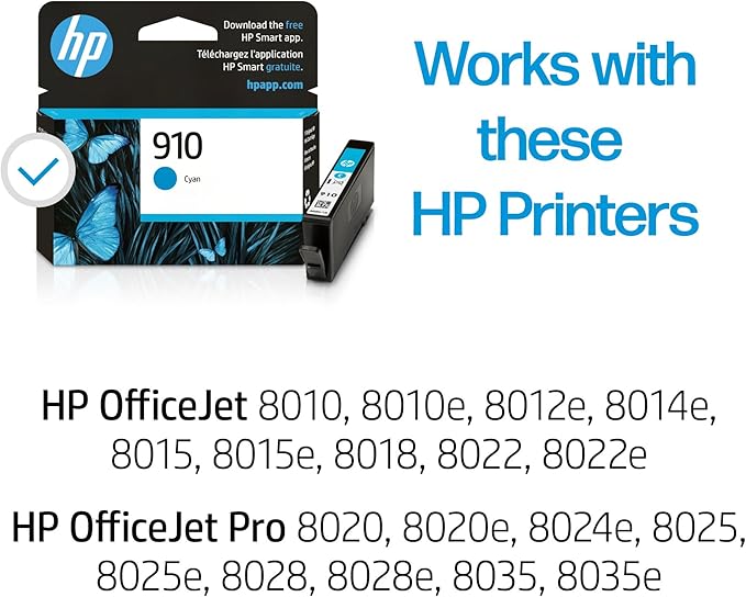 HP 910 Cyan Ink Cartridge | Works with HP OfficeJet 8010, 8020 Series, HP OfficeJet Pro 8020, 8030 Series | Eligible for Instant Ink | 3YL58AN