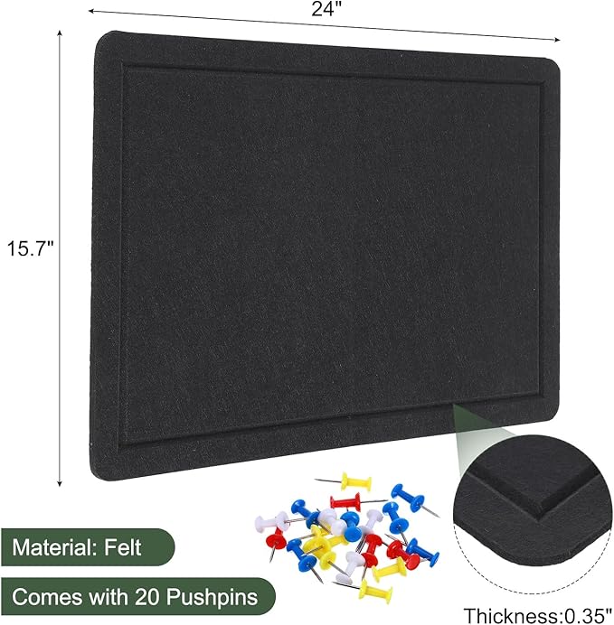 YOKIVE Felt Bulletin Board, 24 x 15.7 -Inch Foldable Decorative Pin Board Self Adhesive Felt Cork Board with 20 Pushpins, Great for Wall, Photo Display, Paste Note, Schedule(Black)