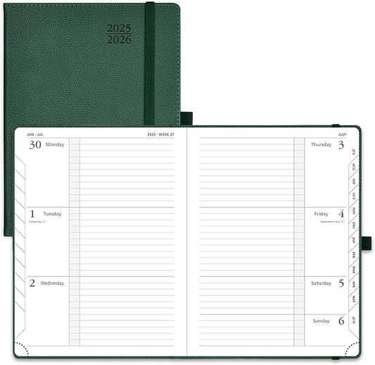 POPRUN Planner 2025-2026 (Medium 6.75''x 8.75''), Horizontal Weekly Notebook Jul.2025 - Jun.2026, Academic Appointment Book with Monthly Tabs, Leather Hardcover, Inner Pocket, 100 GSM - Army Green
