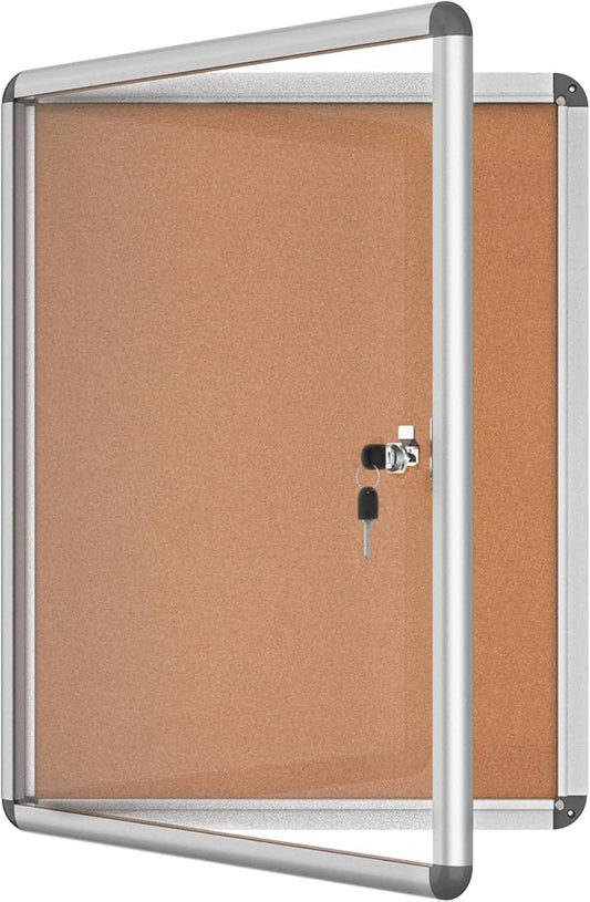 26"x20" Enclosed Bulletin Board, Lockable Weather-Resistant Aluminum Cork Noticeboard for School & Office, Silver Frame w/Cork