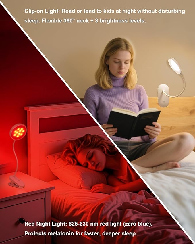 SZOKLED Red Light Reading Lights for Books in Bed, Clip on Lamp with Timer & Dimmable, Rechargeable Eye Care Night Light for Bedroom, Desk, Laptop, Headboard