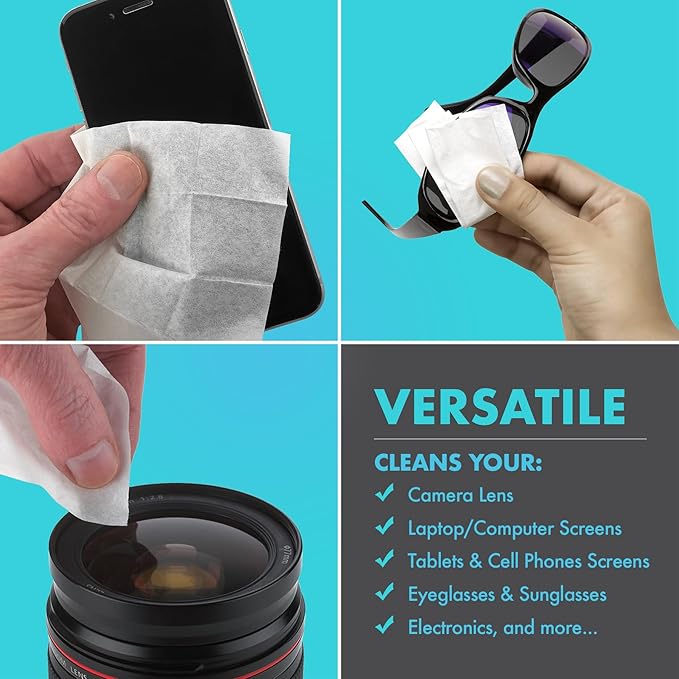 Premoistened Lens and Glass Cleaning Wipes - Portable Travel Cleaner for Glasses, Camera, Cell Phone, Smartphone, and Tablet - Disposable, Quick Drying, Streak Free - Individually Wrapped, Pack of 200