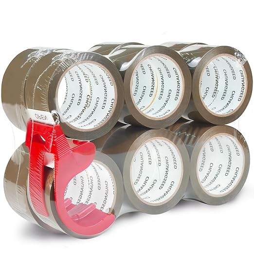 CHUANGSEED Packing Tape with Dispenser – 12 Rolls Brown Shipping Tape (2.4Mil x 1.88” x 60 Yards), Heavy Duty Box Sealing Tape for Moving, Packaging, Office, Warehouse