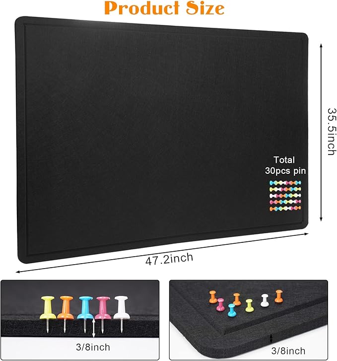 Large Bulletin Board, 48 X 36 inches Felt Board Notice Pin Board, 4' x 3'Cork Board Alternative for Wall, Self-Adhesive Vision Board Mood Board Foldable Photo Board with 30 Pushpin (Black)
