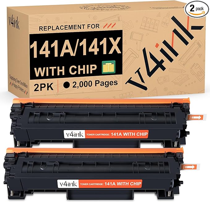 v4ink 141A 141X Toner Cartridge (with CHIP) Replacement for HP 141A W1410A W1410X 141X Black Toner Cartridge use for HP Laserjet M110w MFP M139w M140w Priner, High Yield 2,000 Pages-2 Pack