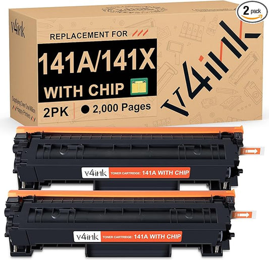 v4ink 141A 141X Toner Cartridge (with CHIP) Replacement for HP 141A W1410A W1410X 141X Black Toner Cartridge use for HP Laserjet M110w MFP M139w M140w Priner, High Yield 2,000 Pages-2 Pack