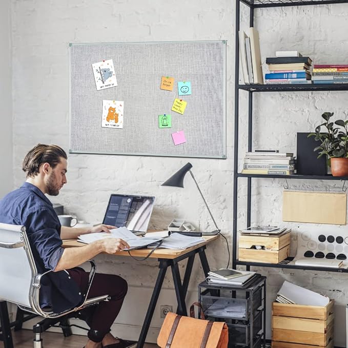 Lockways 36" x 24" Premium Cork Bulletin Board, Light Grey Framed Linen Fabric Pinboard with Silver Aluminum Frame for Home, Office & Kitchen Organization