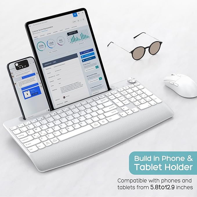 Wireless Keyboard and Mouse - Full-Sized Ergonomic Keyboard with Wrist Rest, Phone Holder, Volume Knob,2.4GHz Silent Cordless Keyboard Mouse Combo for Computer, Laptop, PC, Mac, Windows -White