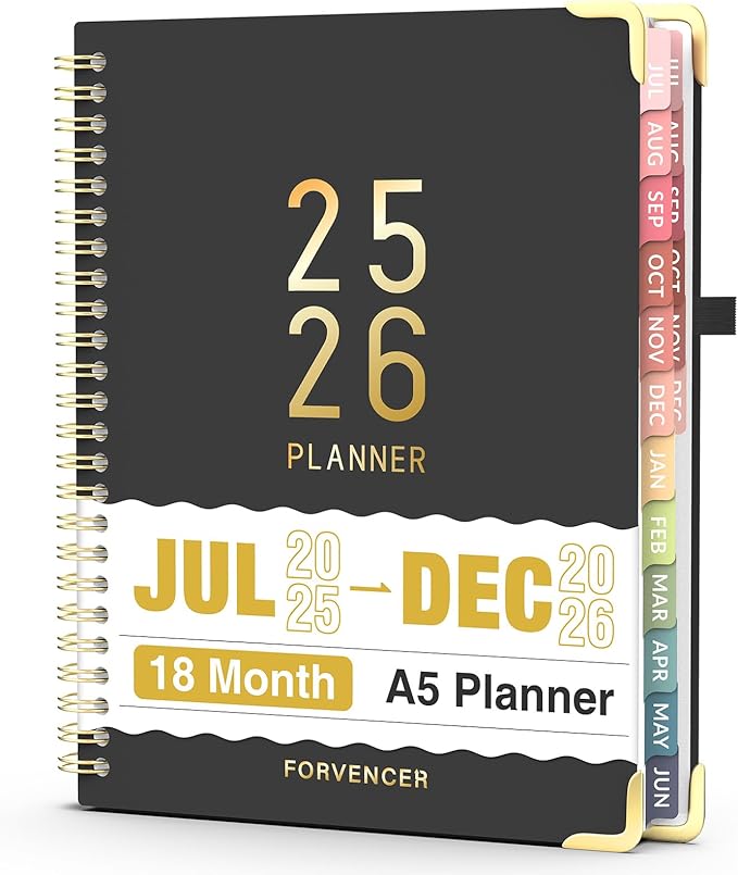 Jul 2025 - Dec 2026 Planner, Forvencer Academic Planner 2025-2026, 18 Month Daily Planner, 6" x 8", Weekly & Monthly Agenda Book, Hardcover Calendar Book, School Supplies for Student Teacher, Black