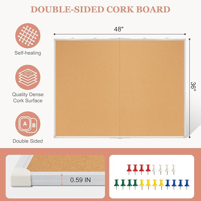 Double-Sided Large Cork Board, 48" x 36" Foldable Hanging Aluminum Framed Bulletin Board, Vision Board Pin Board Corkboards for Walls, Office, School Decor, 20 Pushpins