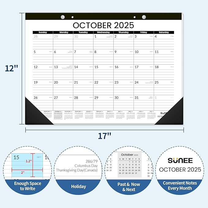 SUNEE Desk Calendar 2025-2026 17x12, 18 Months, JUL. 2025 - DEC. 2026, Academic Desk Blotter Calendar 2025-2026, School Year Large Calendar for Teacher, Black