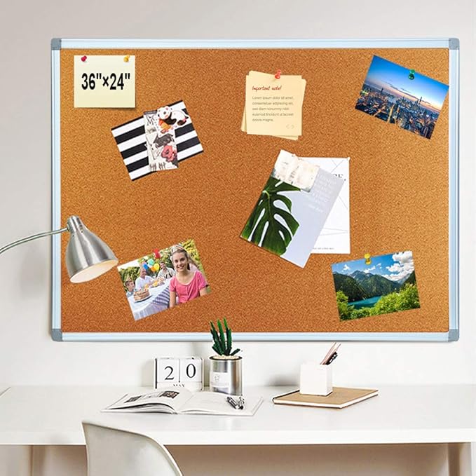 BIBOC 24 x 36 inches Cork Board, Bulletin Board,Felt Board, Pin Board, Notice Board, Memo Board for Homes or Offices, 24 X 36 Inches, Silver Aluminium Frame