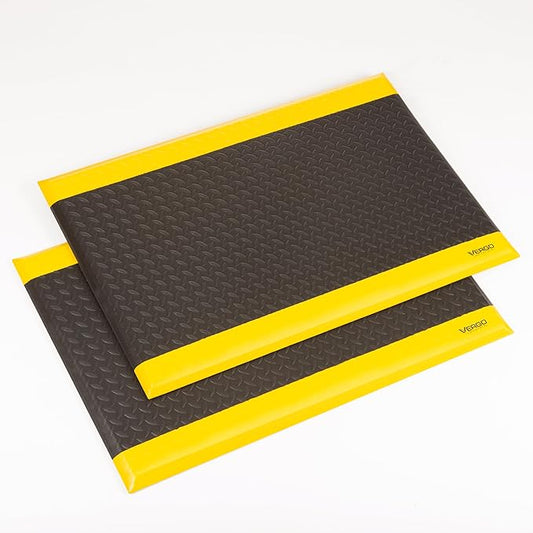 Vergo Industrial 15/16” Extra Thick Anti Fatigue Mat - Heavy Duty Commercial Grade Diamond Plate Ergonomic Standing, Non-Slip Black with Yellow Anti Fatigue Floor Mat for Work, Shop (2-Pack 2' x 3')