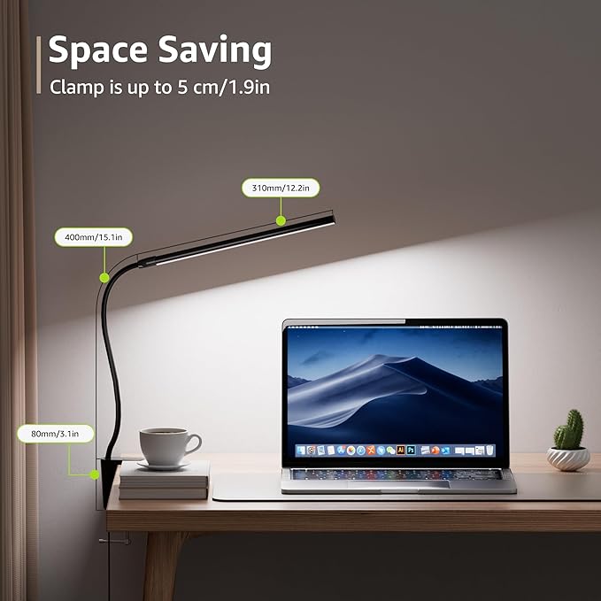 Lepro Clip on Desk Lamp LED Reading light Dimmable USB Small Clamp Lamp with 3 Color Modes 10 Brightness, Adjustable Flexible Gooseneck Table Light for Bed Headboard, Nail, Home Office,Computer(Black)