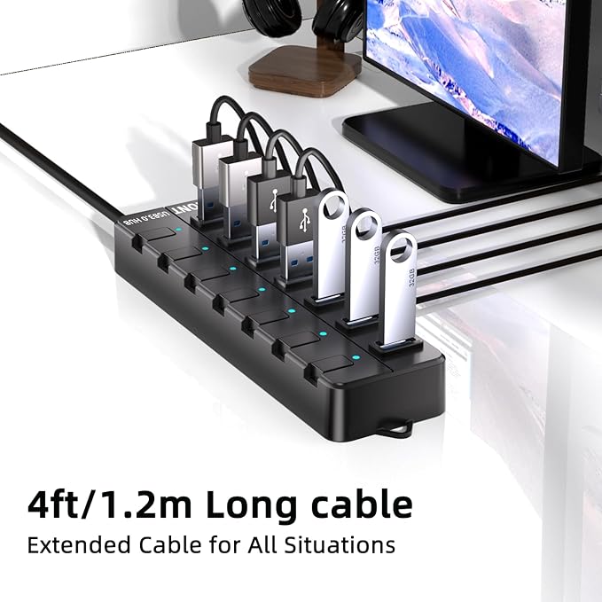 VEMONT 7-Port USB 3.0 Hub (Equipped with a 4-Foot Data Cable, Individual Switch, and Indicator Light, it Supports Data Transfer speeds of up to 5Gbps) Suitable for Desktop Computers and laptops.
