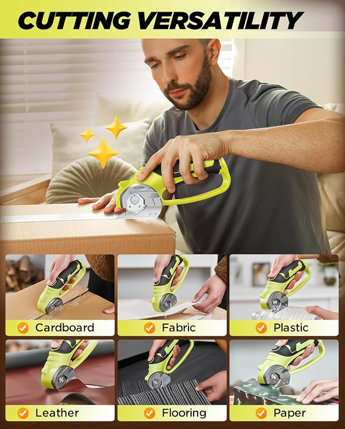 Saker Electric Box Cardboard Cutter,Cordless Elwetric Scissors for Fabric Leather Paper Plastic - Card Board Cutter Tool with 4V Recharged Battery - Safety Lock and LED Light for Cutting,Green