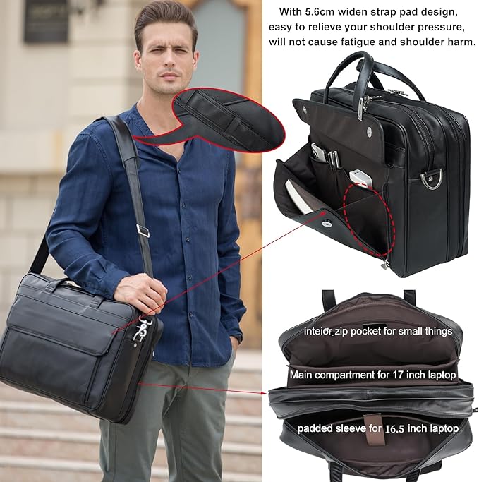 Masa Kawa Leather Briefcase for Men 15.6" - 17" Laptop Computer Case Business Travel Work Messenger Cross Body Shoulder Bag