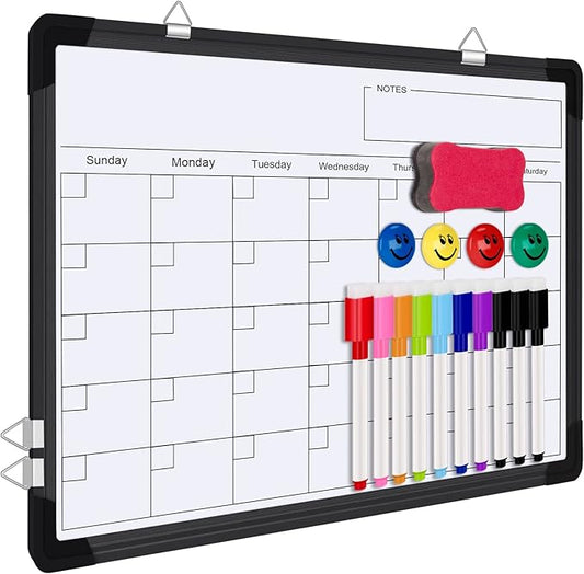 Polegas Dry Erase Whiteboard Calendar, Magnetic White Board Dry Erase Calendar, 16" X 12" Monthly Calendar Whiteboard for Wall, Small Double Side Board to Do List for Home, School, Office (Black)