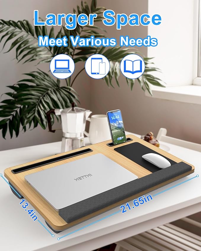 Laptop Lap Desk, Portable Large Laptop Desk for Bed, Up to 17 in Lap Table with Wrist Rest, Mouse Pad, Tablet Phone Slot, Portable Handle, Cushion (Light Brown)