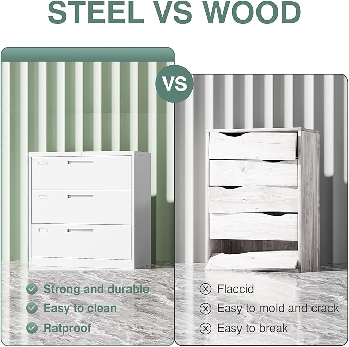 Letaya 3 Drawer File Cabinets with Lock,Metal Lateral Filing Cabinets for Home Office Organization Hanging Storage Letter/Legal/F4/A4(Assembly Required)