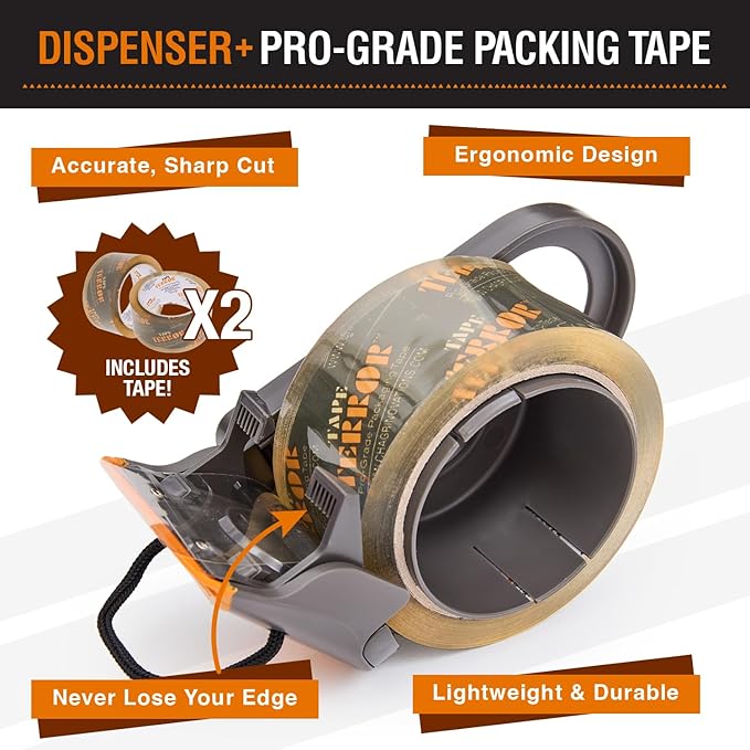 Clear Packing Tape with Dispenser (2 Rolls) - Professional Grade for Boxes - Packaging, Shipping with Refillable Dispenser, Fits Standard Bulk Up to 2" Wide