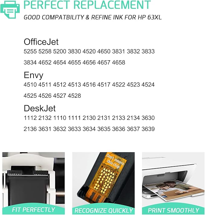 RETCH Remanufactured Ink Cartridges Replacement for HP 63XL F6U63AN for Envy 4520 4516 Officejet 5255 5258 5220 3830 4650 3831 3833 4655 DeskJet 1112 3630 3632 3633 3634 2130 2132 Inkjet Printer Tray